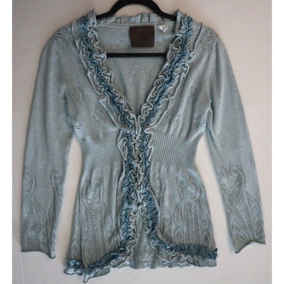 Anthropologie Guinevere Women's Sz M Blue Pointelle Ruffled Curly Top Cardigan - Picture 11 of 12